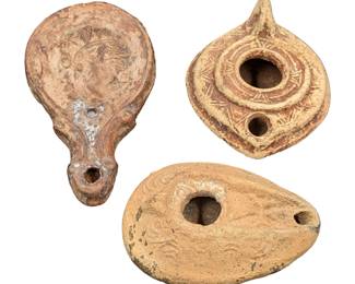 Lot Of 3 Terra Cotta Byzantine Style Oil Lamps, Two Likely Authentic, One Is A Reproduction
