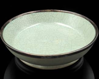 Chinese Celadon Ru Kiln Ceramic Brush Washer With Bronze Rim And Calligraphy
