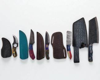 5Pc Hand Made Damascus Steel Knives And Sheaths
