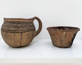 Pair Of Old Pottery Vessels, Handled Jug And Glazed Pot
