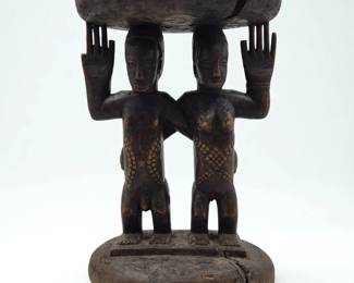 African Hemba Tribe Wood Carved Caryatid Stool Depicting Male & Female

