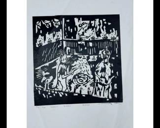 Somnath Hore 1921-2006 Rare Linocut 12" X 12"
