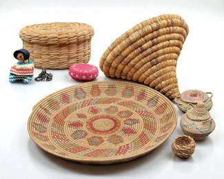 Assorted Lot Of Native American Woven Baskets & Seminole Doll, 8 Pieces
