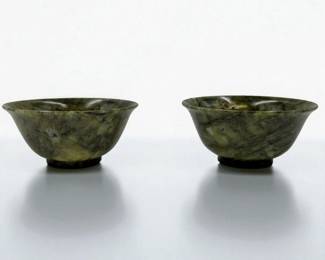 Pair Of Chinese Carved Spinach Jade Bowls In Decorative Box
