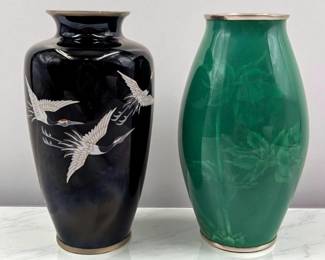 Pair Of Vintage Japanese Enamel / Cloisonne Vases, One Signed Sato
