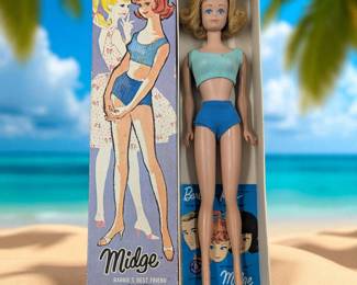 Vintage 1962 Mattel Midge Barbie Doll With Two-Piece Bathing Suit In Original Box
