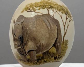 Vintage Hand Painted Ostrich Egg Depicting A Rhinoceros, Signed S, Winterbach
