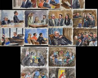 Set Of 15 Watercolor Courtroom Scene & Narrative Paintings By Barbara Maxwell
