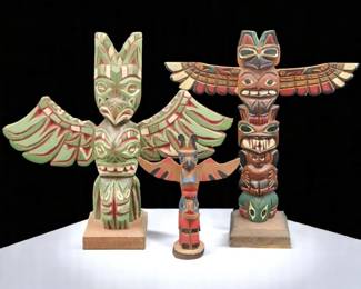 A Trio Of Northwest Coast Wood Carved Totems, Including Ray Williams
