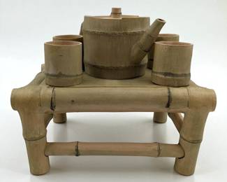Chinese Bamboo Design Yixing Clay Teapot Set With Impressed Seal Mark
