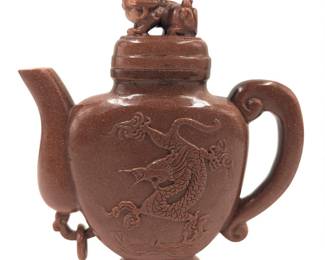 A Very Fine Chinese Goldstone Teapot With Dragons And Foo Dog Lid
