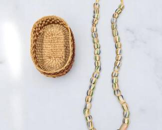 Antique African Krobo Trade Beads Necklace In A Woven Basket, 47 Beads Total
