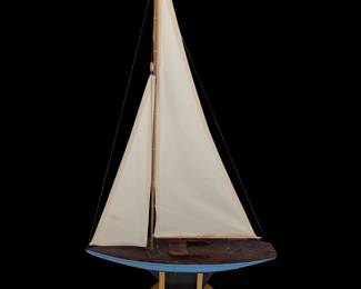 Large Vintage Solid One Piece Jacrim Seaworthy Pond Yacht Model On Wooden Stand

