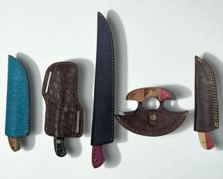 5Pc Hand Made Damascus Steel Knives And Sheathes

