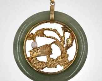 A Beautiful Vintage Chinese Scenic Jade Pendant With Gilt Metal And Moonstone

