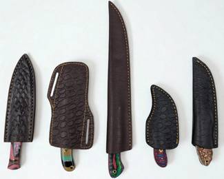 5Pc Hand Made Damascus Steel Knives And Sheaths
