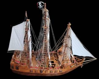 Very Large Hand Constructed Pirate Ship Model, "Lady Godiva", And "Treasure" Chest, Incredible Piece
