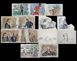 Set Of 13 Watercolor Courtroom, Narrative, & Execution Scene Paintings By Barbara Maxwell
