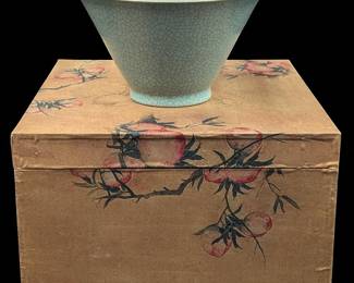 Chinese Celadon Crackle Flaring Bowl With Calligraphy And Decorative Box
