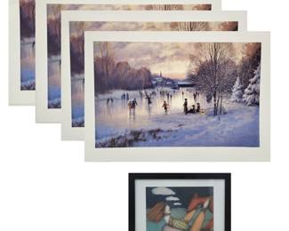 Lot Of 4 Paul Landry Artist Proof Prints Of "Lantern Skaters" & Frank Rakoncay Drawing

