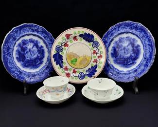Spatter Rabbitware Ironstone Plate, Pair Of Flo Blue "VISTA" Plates, & Pair Of Early Cups W/ Saucers
