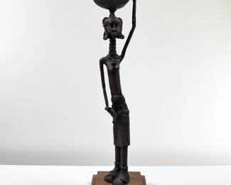 Unique African Dogon? Cast Bronze Sculpture Of A Woman With A Ringed Elongated Neck And Bowl

