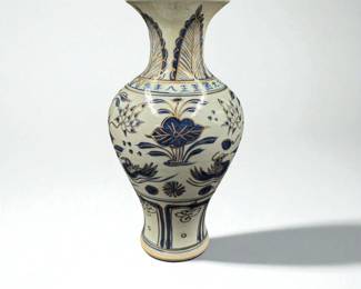 Large Chinese Blue And White Scenic Vase With Calligraphy And Gilt Detailing
