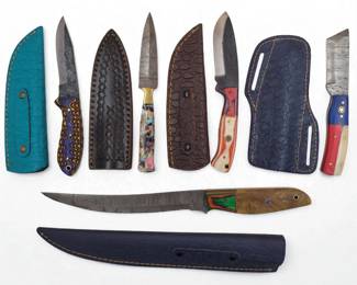 5Pc Hand Made Damascus Steel Knives And Sheaths
