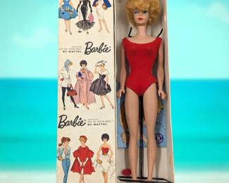 Vintage 1962 Mattel Ash Blonde Bubble Cut Barbie Doll, No. 850, In Original Box With Stand
