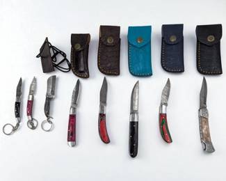 8Pc Hand Made Damascus Steel Pocket / Keychain Knives And Sheaths
