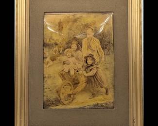 Antique Convex Glass Framed Art On Ivorine?, Depicting Four Children And Dogs
