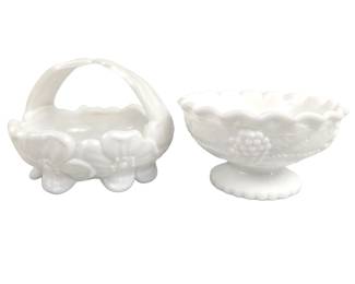 Westmoreland Pansy Pattern Basket LE Smith Grapevine Milk Glass