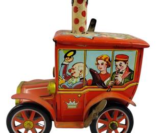 1950s Tin Lithe Circus Clown Car Merry Ball Blower Toy Runs