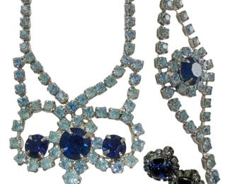 Vintage Costume Jewelry Sapphire Rhinestone Necklace Bracelet Earrings