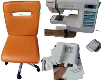Janome DC2010 Sewing Machine Fiskars Clear Table + Orange Chair