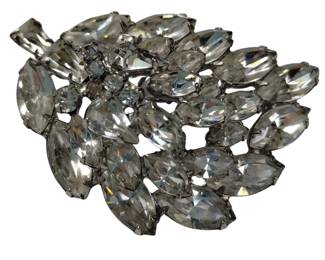 Vintage Costume Jewelry Weiss-Look Leaf Brooch Pin Crystal Rhinestone
