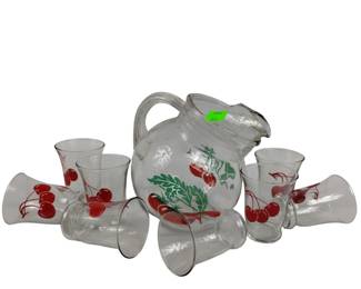 MCM Clear Glass Pitcher W/Cherries & 8 Juice Glasses