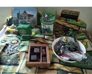 John Deere Decor LOT Tractors Tins Throw Blanket Toothpick Dispenser