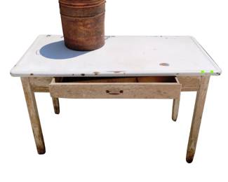 Vintage Table Metal Tabletop Wooden Legs + Rusty Potato Chip Can