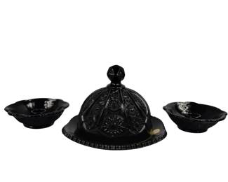 Vintage Tiara Glass Black Covered Dish & Candlestick Holders