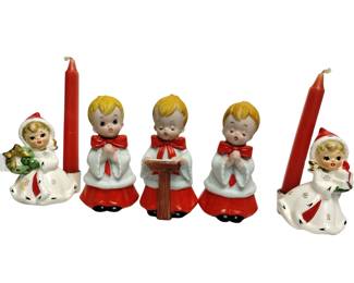 Vintage Ceramic Angel Candle Holders Figures NAPCO Glossy + Choir