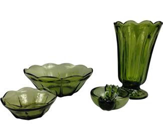 Vintage Avocado Green Glass Vase & Bowls