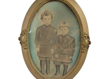 Antique Portrait of 2 Children Gold Tone Frame 22"