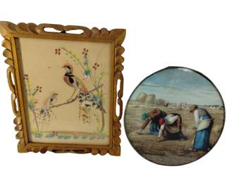 Antique Framed Feather Craft Birds Round Print The Gleaners
