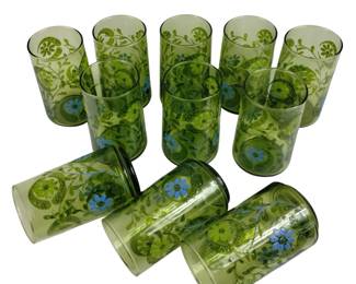 MCM Vintage Glasses 11 CT Avocado Green Blue Floral