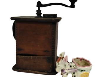 Antique Coffee Mill & Porcelain Vintage Donkey Made in Japan