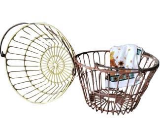 Pair Large Metal Rubber Coated Wire Egg Chicken Baskets w Dishtowel