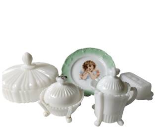 Vintage Milk Glass Dishes & Carlsbad Austria Plate Green Rim Young Girl