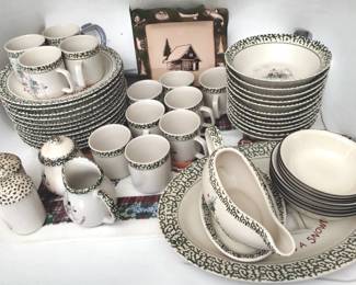 Vintage Christmas Snowman Stoneware Dish Set & Corelle Bowls