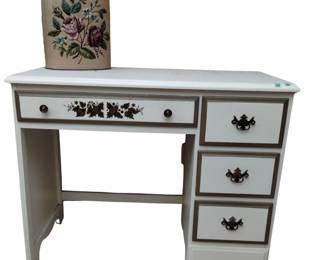 French Provincial Desk Cream Gold Tone Painted + Metal Trash Can
